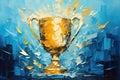 Golden trophy and streamers in sport competition with blue background. Palette knife oil painting. Generative AI