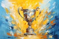 Golden trophy and streamers in sport competition with blue background. Palette knife oil painting. Generative AI