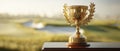 The golden trophy symbolizing victory in a serene golf landscape. AI generated image Royalty Free Stock Photo