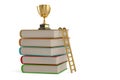 A golden trophy on top of a stack of books.  isolated on white background. 3D illustration Royalty Free Stock Photo