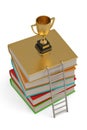 A golden trophy on top of a stack of books.  isolated on white background. 3D illustration Royalty Free Stock Photo