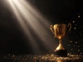 Golden trophy with two handles on a gold glitterconfetti backdrop, illuminated from above by a bright light source Shadows are Royalty Free Stock Photo