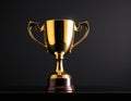 A golden trophy with two handles stands on a dark surface, reflecting light and emphasizing its prom Royalty Free Stock Photo