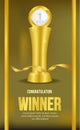 Golden trophy with golden background and golden ribbon. winner announcement. poster template. web promotion.