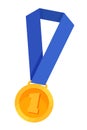 Golden trophy winner medal with blue ribbon. Winning sports competitions. Royalty Free Stock Photo