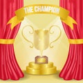 Golden trophyl for winning announcement template with red curtain