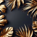 Golden tropical leaves on black background. 3d render. Luxury background.