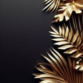 Golden tropical leaves on black background. 3d render. Luxury background.