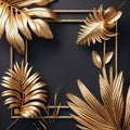 Golden tropical leaves on black background. 3d render. Luxury background.