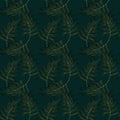 Golden tropical leaves drawing seamless pattern. Abstract Palm leaf line art, silhouette on luxury green color background. Creativ Royalty Free Stock Photo