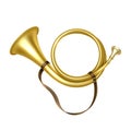 Golden trumpet. Realistic metal bugle. Royal decoration. 3D medieval monarchy herald musical instrument. Isolated brass