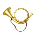 Golden trumpet. Realistic metal bugle. Royal decoration. 3D medieval monarchy herald musical instrument. Isolated brass horn.