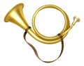 Golden trumpet. Realistic musical instrument. Gold metal bugle. Royal decoration. 3D medieval monarchy heraldic symbol Royalty Free Stock Photo