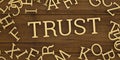 Golden trust text and alphabet on wooden board 3D illustration