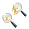 Golden Turkish Lira Sign with magnifying glass. Royalty Free Stock Photo