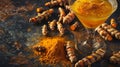 Golden Turmeric Infusion with Raw Roots and Powder Royalty Free Stock Photo
