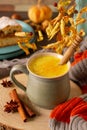 Golden turmeric milk with cinnamon, honey, and ginger in an autumn decor.