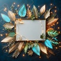 Golden and turquoise tropical leaves surrounding a blank frame with fairy lights Royalty Free Stock Photo