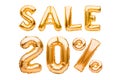 Golden twenty percent sale sign made of inflatable balloons isolated on white. Helium balloons, gold foil numbers. Sale Royalty Free Stock Photo