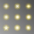 Golden twinkle sparkle vector isolated on transparent background. Flash light camera effect. Glare l Royalty Free Stock Photo