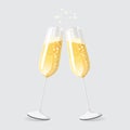 Golden two glasses champagne isolated on gray background. Wine glass. Celebrate party. Sparkling wine vector illustration Royalty Free Stock Photo