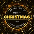 Golden typography of the Merry Christmas and New Year banner. Shiny dotted Xmas background with golden dots and lights Royalty Free Stock Photo