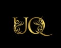 Golden U, Q and UQ Luxury Letter Logo Icon. Graceful royal style. Luxury gold alphabet arts logo
