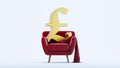 golden uk pound sign on top of red sofa isolated on white background Royalty Free Stock Photo
