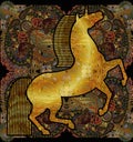 Golden unicorn, floral ethnic patterned background