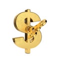 Golden USA Dollar Money Sign with Golden Key. 3d Rendering Royalty Free Stock Photo