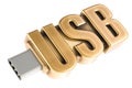 Golden USB flash drive, 3D rendering Royalty Free Stock Photo