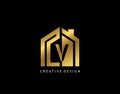 Golden V Letter Logo. Minimalist gold house shape with negative V letter, Real Estate Building Icon Design