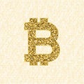 Golden Vector Bitcoin Symbol. Crypto Currency Digital Illustration On A Binary Background. Virtual Cash, Web Money