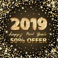 Golden Vector luxury text 2019 Happy new year. Gold Festive Numbers Design. Glitter confetti. Square sale Banner Digits Royalty Free Stock Photo