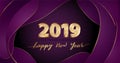 Golden Vector luxury text 2019 Happy new year on purple fluid background Royalty Free Stock Photo