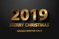 Golden Vector luxury text 2019 Merry Christmas, sale. Gold Festive Numbers Design on dark background. Gold shining glitter text. Royalty Free Stock Photo
