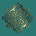 Golden vector pattern on a green background. Damask graphic ornament. Floral design element Royalty Free Stock Photo