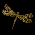 Golden vector silhouette of a decorative dragonfly on a black background Royalty Free Stock Photo