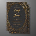 Golden vector wedding invitation with hand drawn twigs, flowers and brahches. Dark elegant botanical template for