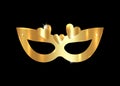 Golden Venetian mask realistic with gold hearts. Stylish Masquerade Party. Mardi Gras card invitation. Night Party Poster. Dance