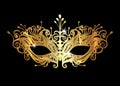 Golden Venetian mask realistic with laser cut gold embroidery. Stylish Masquerade Party. Mardi Gras card invitation. Night Party