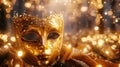 Golden Venetian Mask on Shimmering Blurred Background