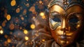 Golden Venetian Mask on Shimmering Blurred Background