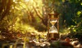 Golden vintage antique hourglass in an sunlight forest, concept of time