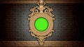 Golden vintage frame on brick wall. Design retro element. Green screen Royalty Free Stock Photo