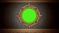 Golden vintage frame on brick wall. Design retro element. Green screen Royalty Free Stock Photo