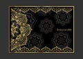 Golden vintage greeting card on a black background. Luxury ornament template. Great for invitation, flyer, menu, brochure, postcar Royalty Free Stock Photo