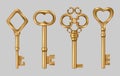 Golden vintage key. Metal medieval entrance symbols house secret key for lock decent vector realistic templates