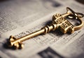 A golden vintage key on the newspaper. Royalty Free Stock Photo