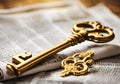 A golden vintage key on the newspaper. Royalty Free Stock Photo